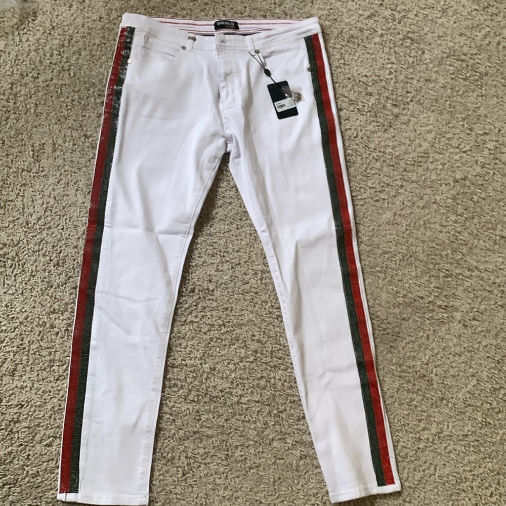 Men’s off brand white jeans with green/red glitter stripes down the side